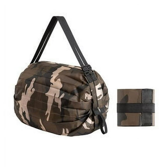 15.75inch Foldable Shopping Bag with Shoulder Strap, Large Reusable Grocery Bag, Collapsible to 3.35in, 100g Lightweight for Travel/Picnic/Eco-Friendly,Coffee Colored Camouflage