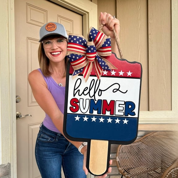 15.7In Patriotic Wooden Door Sign Summer Front Door Hanger For 4Th Of July Independence Day Farmhouse Front Porch Wall Decoration(Blue-41X30X2)