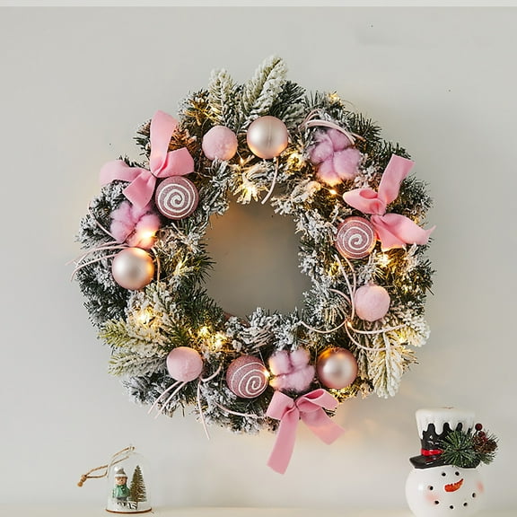 15.7Inch Christmas Decor Pink Pre-Lit Christmas Wreath with Ornaments and LED Lights for Holiday Home Decor Window Pendant Christmas Wreaths for Front Door