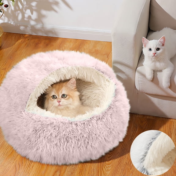 15.7Inch Plush Hooded Cat Beds , Washable Cat Cove with Non-Slip Bottom,Calming Cat Nest, Self Warming Cat Bed Cave, Cozy Cat Pod for Indoor Cat or Small Dog