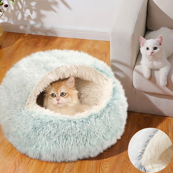 15.7Inch Plush Hooded Cat Beds , Washable Cat Cove with Non-Slip Bottom,Calming Cat Nest, Self Warming Cat Bed Cave, Cozy Cat Pod for Indoor Cat or Small Dog