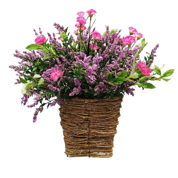 15.7in Front Door Flower Basket, Artificial Floral Hanging Wreath, Outdoor Porch Wall Decoration, Seasonal Home Decor, Faux Flowers In Woven Basket, Welcome Sign For Entryway
