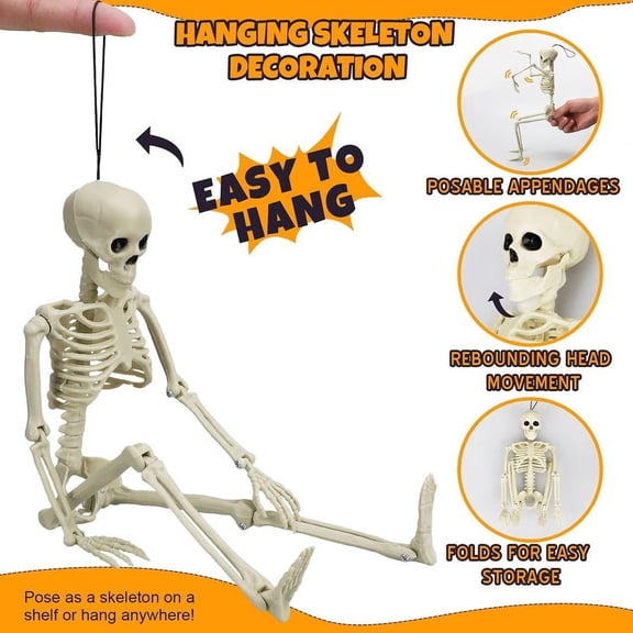15.7in Halloween Posable Skeleton, Plastic Human Skeleton Prop with Movable Joints, Halloween Decoration for Haunted House Yard Party