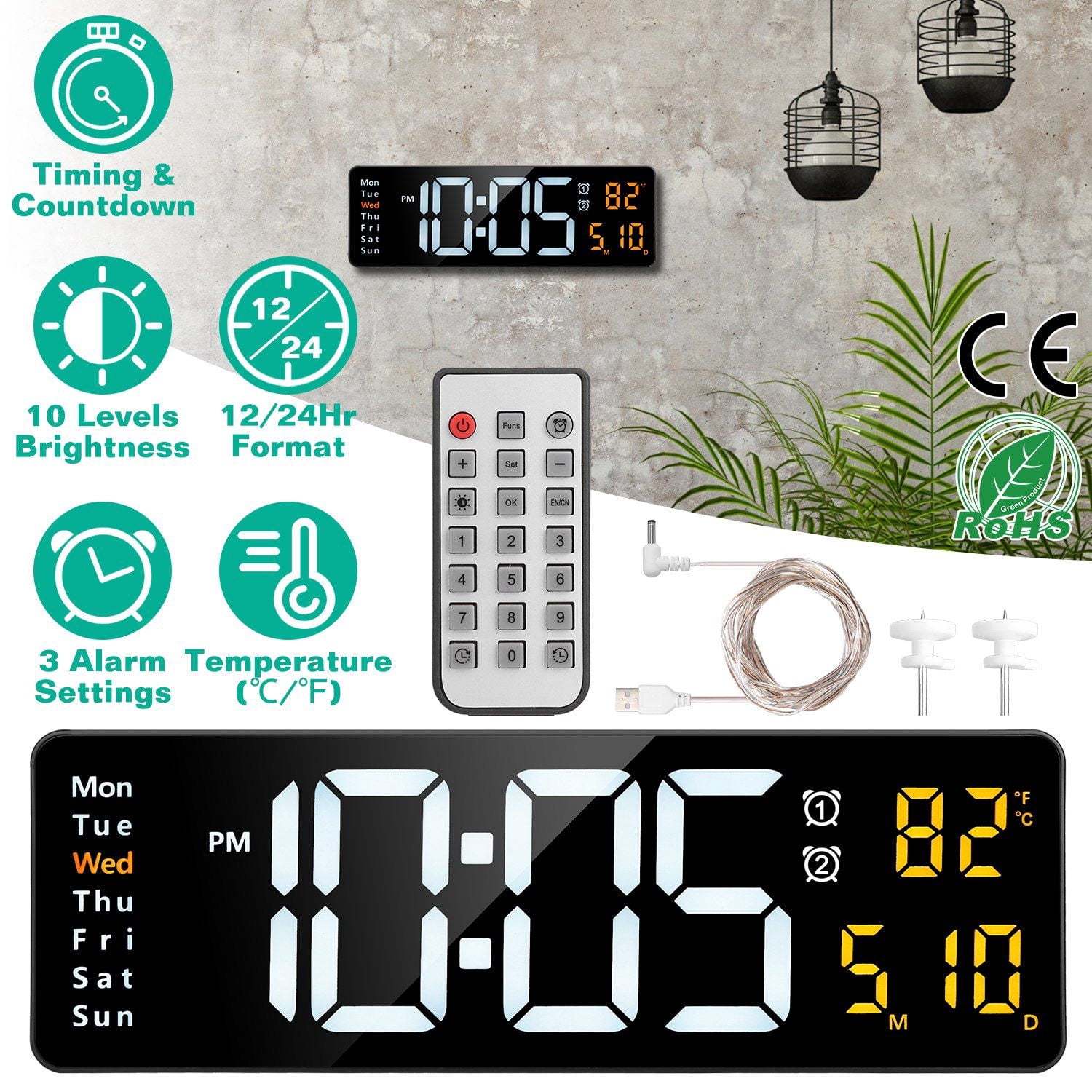 15.7in LED Digital Wall Clock with Remote Control, 10 Level Brightness 3 Alarm Settings 12/24Hr Format Timing Countdown Temperature Calendar Display Decorative Clock For Office Home