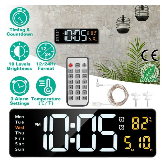 15.7in LED Digital Wall Clock with Remote, 10 Brightness, 3 Alarms