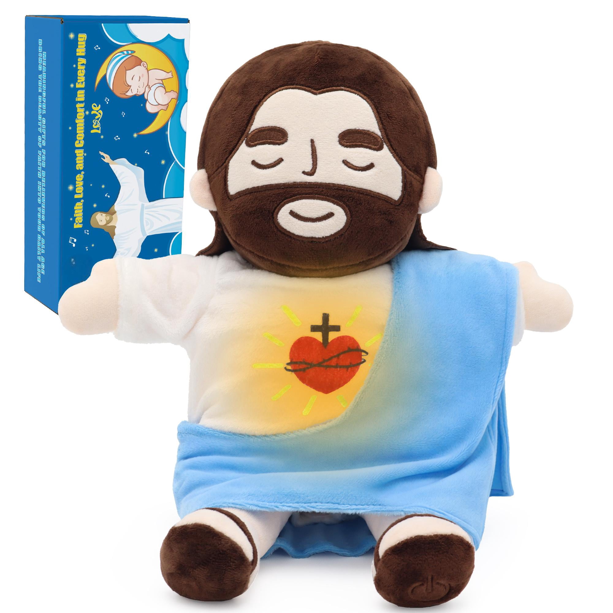 15.7in Sacred Heart Of Jesus Plush Doll, Breathing Jesus With Glowing Light, Christian Religious Toy For Church, Sunday School, Prayer, Home Decor, Christening, Baptism, Easter Gifts For Kids-Blue
