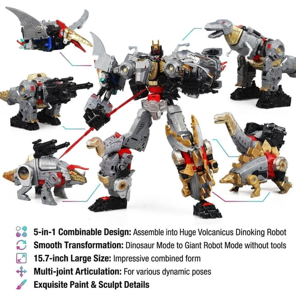 Unbranded Volcanicus Dinoking 5-in-1 Dinobots Transforming Combiner Robot, Convertible Dinosaur Merge Action Figure, 15.7in