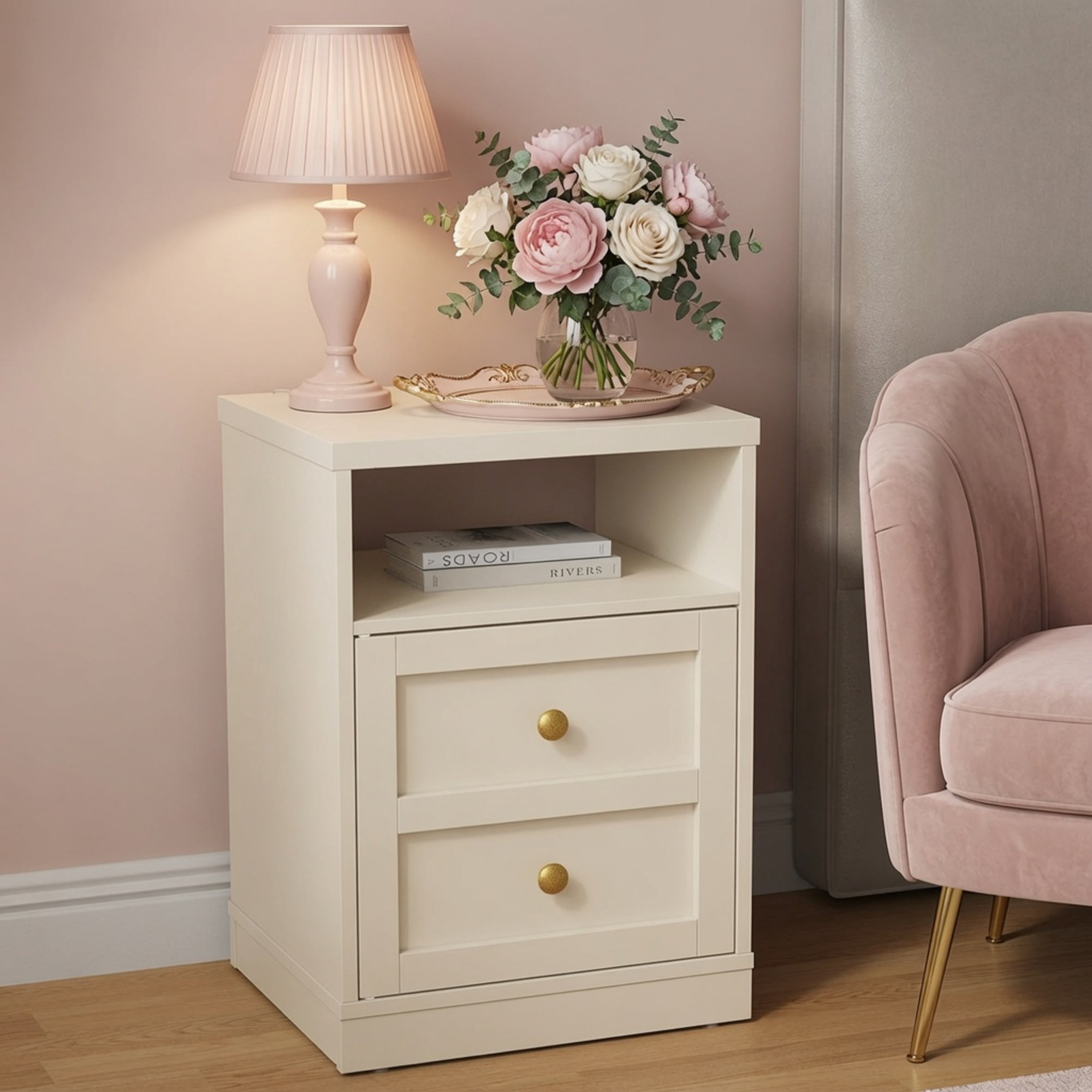 15.7in Wide Beige Engineered Wood Nightstand, Modern Faux 2-Drawer Side Table with Door & Open Storage Shelf, Small Bedside Table for Bedroom Dorm Apartment