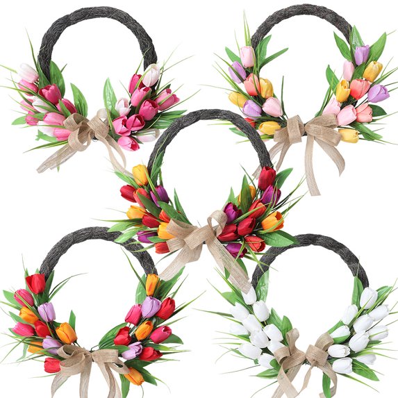 15.7inch Artificial Tulip Wreaths Front Door Wreath, Fake Vine Rattan Rings Simulation Silk Flower Hanging Garland with Linen Bow, Faux Half Coverage Spring Summer Wreath for Home Decorations
