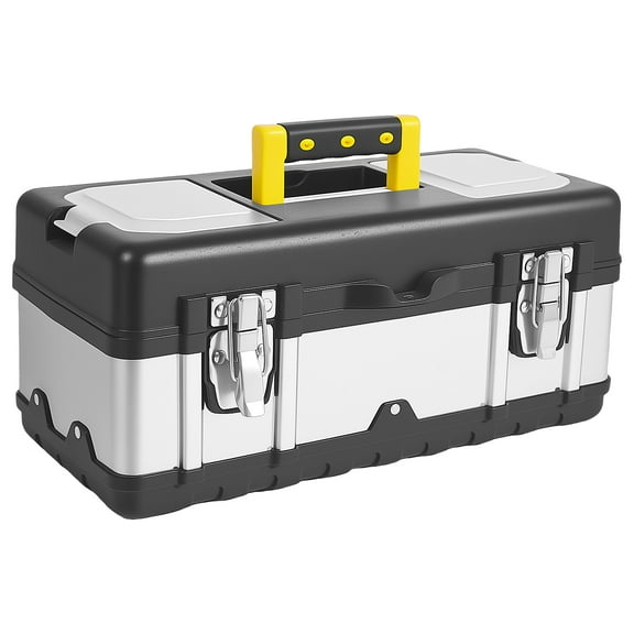 15.7nch Tool Box Stainless Steel&Plastic Portable Toolbox Storage Organizer with Long Handle and Removable Tray for Home Garage Workshop
