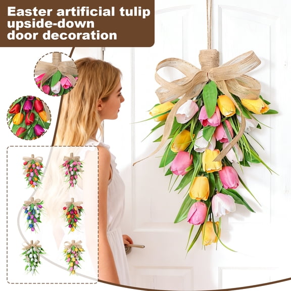 15.7x8.7" Artificial Tulips Teardrop Swag with Burlap Bow, Handmade Spring Easter Teardrop Wreath for Front Door & Porch Wall, Spring Easter Decor Decorative Swag Easter Home Decoration(White)