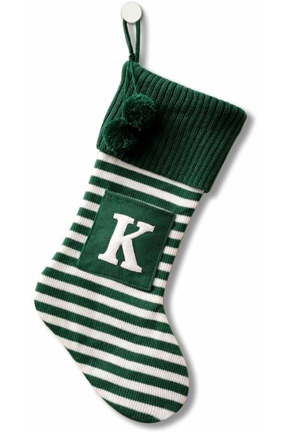 15.8×7.8 inches Initial Monogram Embroidered Christmas Stocking Striped knitted Christmas Decorations Stocking Red,White, Green Letter Stockings for Family Holiday and Xmas Tree Fireplace Decor