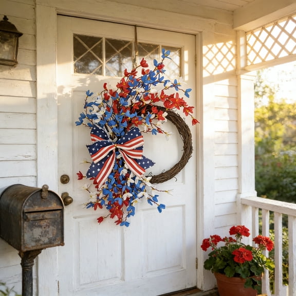 15.8" Artifical Patriotic Wreath, 250th Anniversary 4th of July American Flag Bow Wreath with Hydrangeas Ivy Spring Summer Wreath for Front Door Wall Decor Indoor Outdoor
