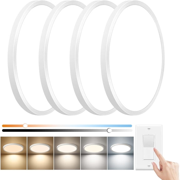 15.8 Inch Dimmable  Flush Mount Ceiling Light, 32W, 3480LM, 3000K/3700K/4000K/5000K/6000K, Round Flat Panel Low Profile Ceiling Light Fitures for Hallway, Kitchen, , 4PK White