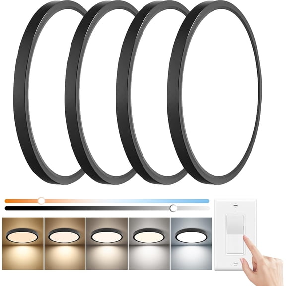 15.8 Inch Dimmable Flush Mount Ceiling Light, 32W, 3480LM, 3000K/3700K/4000K/5000K/6000K, Round Flat Panel Low Profile Ceiling Light Fitures for Hallway, Kitchen, , 4PK Black
