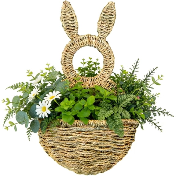 15.8 Inch Easter Bunny Woven Basket Wall Hanging Wooden Rabbit Shaped Wicker Easter Basket Wall Pocket for Flowers Eggs Vegetable Fruit Front Door Wreath Spring Wedding Home Party Decor