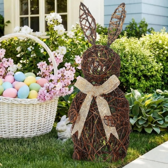 15.8 Inch Easter Wicker Bunny Decor - Large Rattan Bunny with Linen Bow Woven Wicker Topiary Outdoor, Rabbit Decoration for Porch Table Spring Home Farmhouse Kitchen