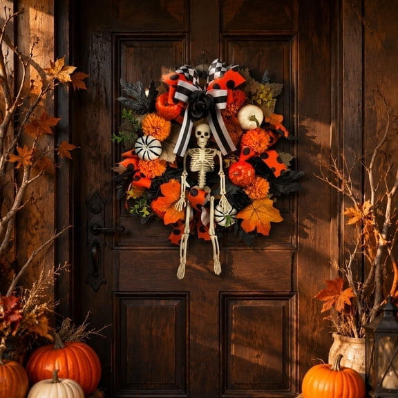 15.8 Inch Halloween Skeleton Wreath for Front Door, Gothic Dark Aesthetic Door Wreath with Bow, Maple Leaf, Pumpkin and Chrysanthemum Indoor Decorations Centerpiece Party Holiday Wall Home Decor