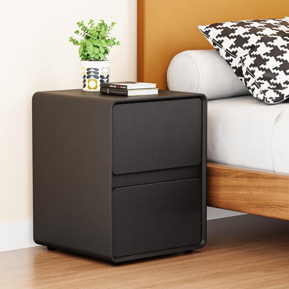 15.8" W Faux Leather Narrow Nightstand, Modern Fully-Assembled Bedside Table with 2 Drawers, Wood Night Stand Small Accent End Table & Side Table for Bedroom Living Room, Black