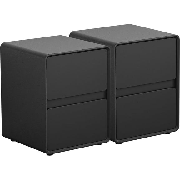 15.8" W Leather Narrow Nightstand Set of 2, Modern Fully-Assembled Bedside Table with 2 Drawers, Wood Night Stand Small Accent End Table & Side Table for Bedroom Living Room, Black