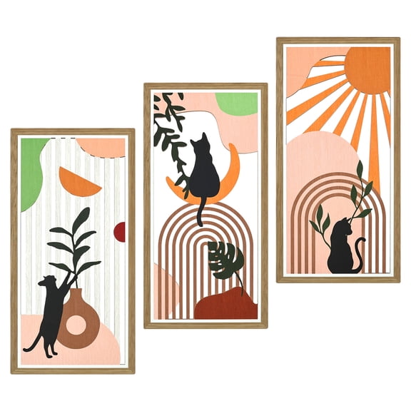15.8"W x 7.87"HBoho Wall Decor Set of 3 Abstract Boho Cat Wall Art Mid Century Modern Black Wall Decr for Home Bedroom Living Room Office