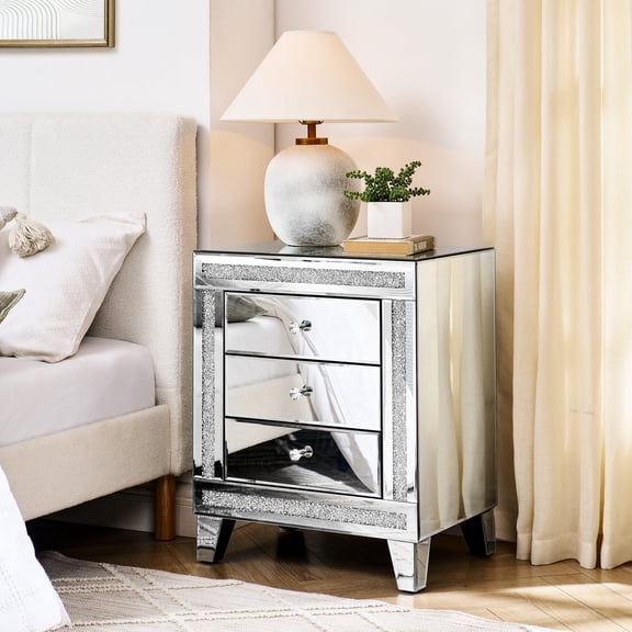 15.8 - inch Wide Silver 3 - Drawer Chest | Used as Bedside, Side or Dressing Table | MDF + Glass, Heat - resistant and Easy to Clean | Organize Small Items with Spacious Drawers