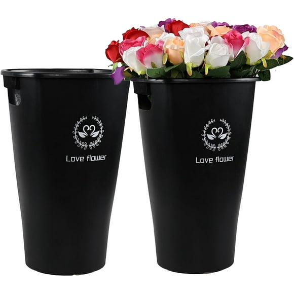 15.87" Flower Bucket Vases with Handles, Set of 4 Black Plastic Floral Tall Buckets for Home, Wedding Display Decorations