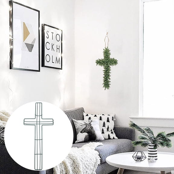 15.8IN Cross Shaped Wreath Frame Green Metal Wire Wreath Ring Religious Decor Hanging Frame DIY Floral Wreath Base with Hanging Hook