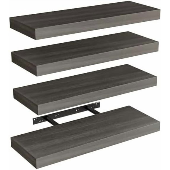 15.8in Floating Shelves, Rustic Wood Finish Wall Shelves Set of 4, Shelves for Wall Decor, with Invisible Brackets for Bathroom, Living Room,Bedroom and Kitchen(Gray)