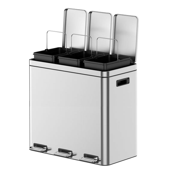15.9 Gal 3-Compartment Trash Can Soft-Close Lid Step Pedal Stainless Steel Kitchen Trash Can