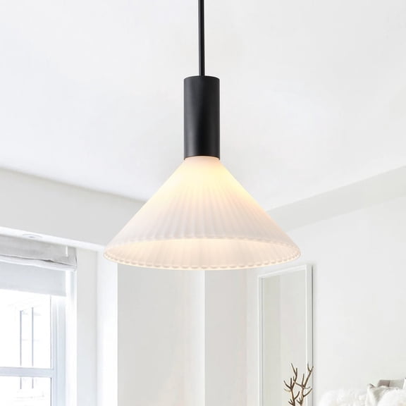 15.94" Modern Adjustable Pendant Light, 1-Light Hanging Ceiling Lamp with Ribbed Frosted Glass Shade, for Kitchen Island, Dining Room & Farmhouse