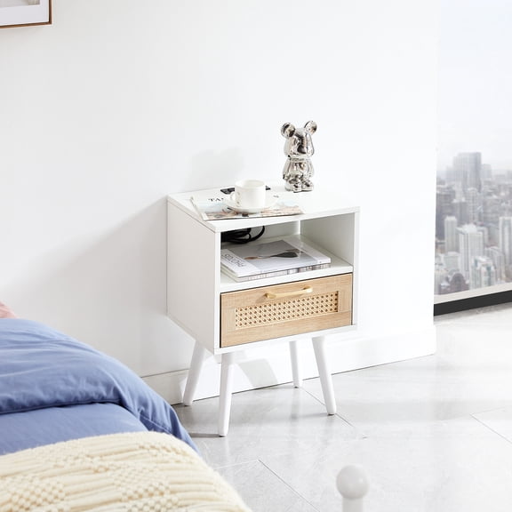 15.95" Side Table With Charging Function And Solid Wood Legs - Modern Nightstand For Living Area. White Body, Convenient Facility End Ports Room. Construction, Advanced Feature