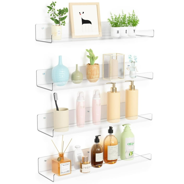 Clear Acrylic Floating Wall Shelves, Two Pack, 15 Inch Wall