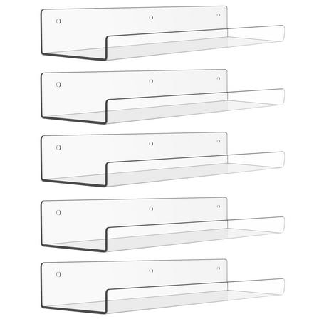 15" Acrylic Floating Shelves Wall Mounted, Upsimples 5pack Clear Acrylic Shelves, for Bedroom, Living Room, Bathroom, Kitchen