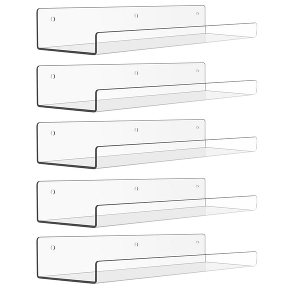 15" Acrylic Floating Shelves Wall Mounted, Upsimples 5pack Clear Acrylic Shelves, for Bedroom, Living Room, Bathroom, Kitchen