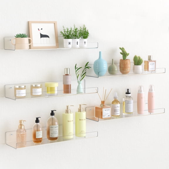 15" Acrylic Floating Shelves Wall Mounted, Upsimples 5pack Clear Acrylic Shelves, for Bedroom, Living Room, Bathroom, Kitchen