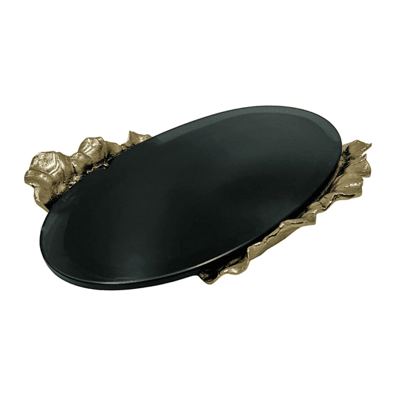 15" Aluminum Glass Oval Black Floral Tray