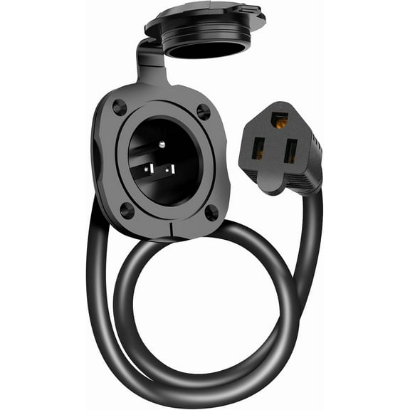 15 Amp 125V AC Power Inlet Port Plug with Integrated 18" Extension Cord, NEMA 5-15 RV Flanged Inlet with Waterproof & Back Cover, 2 Pole 3-Wire Shore Power Plug for Boat