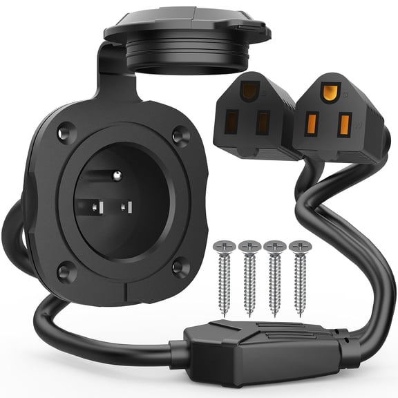 15 Amp 125V AC Power Inlet Port Plug W/Integrated Dual 18" Extension Cord, NEMA 5-15 RV Flanged Inlet Y Splitter Cable with Waterproof & Back Cover, 2 Pole 3-Wire Shore Power Plug for Boat
