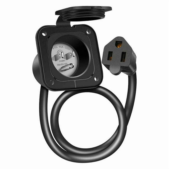 15 Amp 125V AC Power Inlet Port Plug with Integrated 18 Inch Extension Cord, NEMA 5-15 RV Flanged Inlet US Plug
