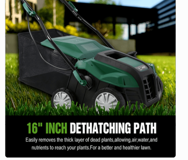 15 Amp 2-in-1 16 Inch Electric Lawn Dethatcher Scarifier Green Heavy-Duty Metal with Extra Large 58QT Removable Collection Bag (Corded Electric Single Box)
