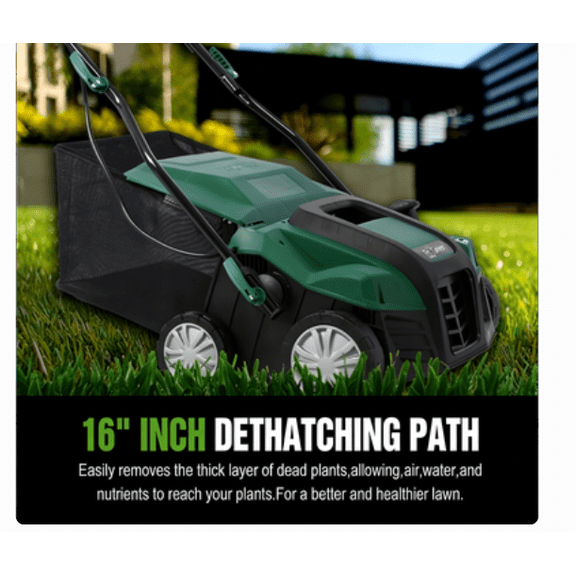15 Amp 2-in-1 16 Inch Electric Lawn Dethatcher Scarifier Green Heavy-Duty Metal with Extra Large 58QT Removable Collection Bag (Corded Electric Single Box)