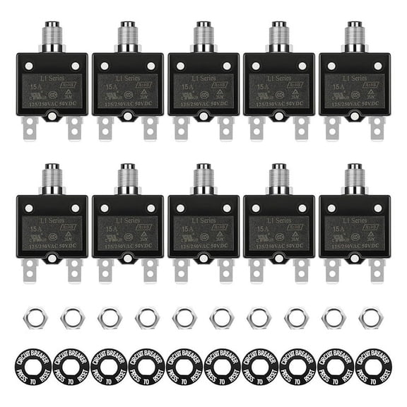 15 Amp Breaker Electric Button Breaker 125/250V AC 50v DC Thermal Circuit L1 Series with Manual Reset Button L1-15A