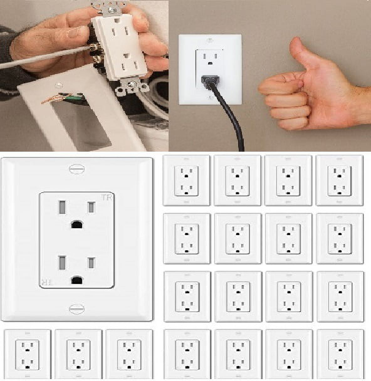 15 Amp Decorator Wall Outlet, 15A/125V, UL Listed, Tamper Resistant, 2 Pole  3 Wire,3 Prong Socket, Easy Install, Electrical Outlets, White 20 Packs