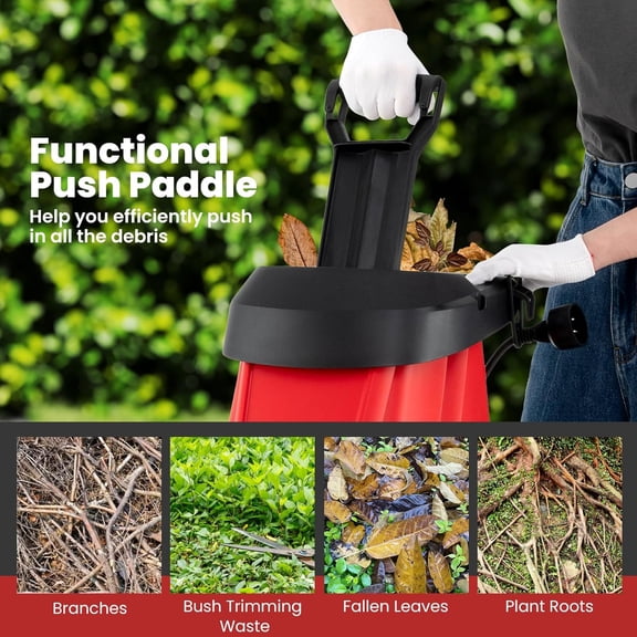 15 Amp Electric Wood Chipper Shredder, Corded Wood Mulcher Shredder with Plunger, Collection Bag & 15:1 Reduction, Garden Shredder with Wheels for Branches, Leaves, Waste(Red)$$Garden & Patio