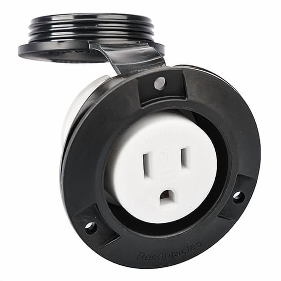 15 Amp Flanged Shore Power Outlet 125 Volt NEMA 5-15R Receptacle, 2 Pole 3 Wire Socket for Straight Blade Household Plug with Weatherproof Cap & Cover, Black Commercial Grade, ETL Listed