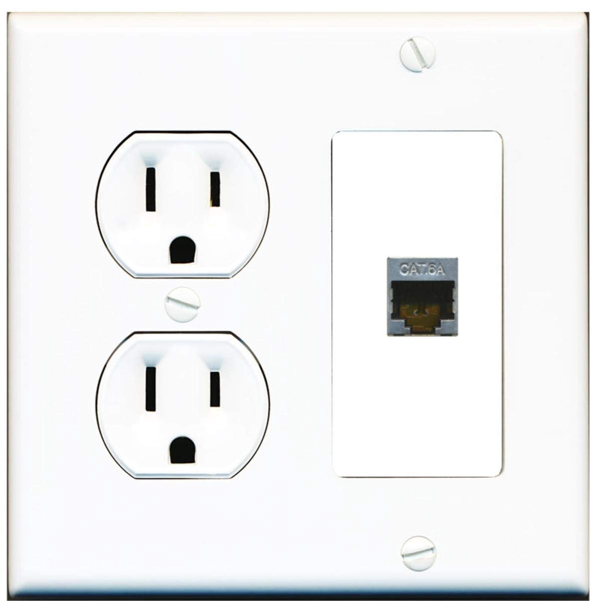 15 Amp Round Power Outlet 1 Port Cat6a Shielded Ethernet Wall Plate Eggshell White