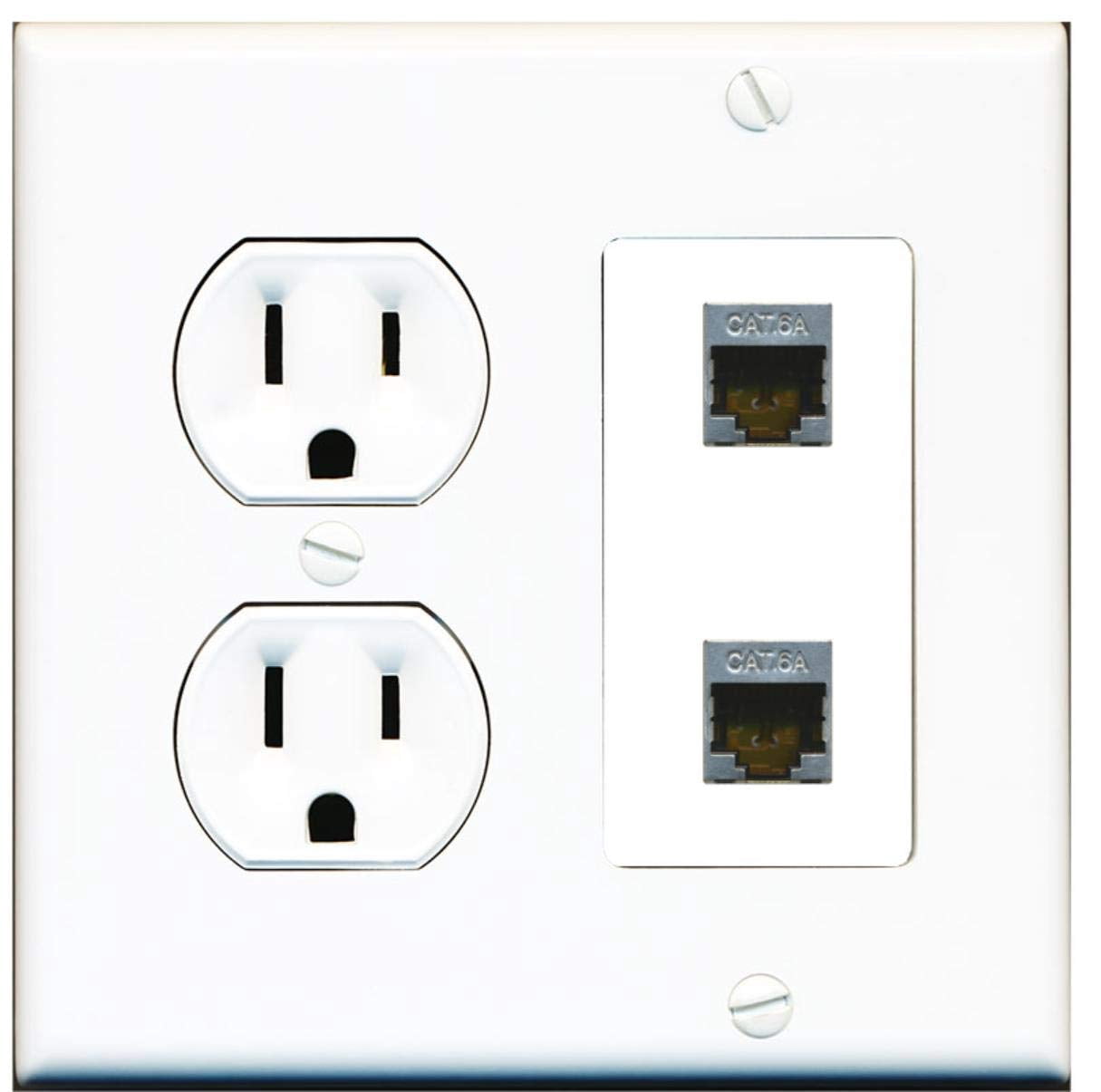 15 Amp Round Power Outlet 2 Port Cat6a Shielded Ethernet Wall Plate Eggshell White