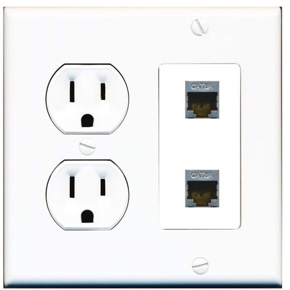 15 Amp Round Power Outlet 2 Port Cat6a Shielded Ethernet Wall Plate Eggshell White