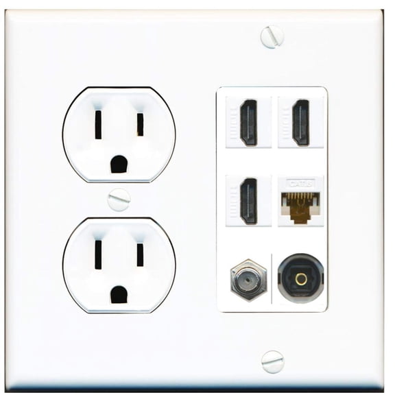 15 Amp Round Power Outlet 3 Port HDMI 1 Cat6 Coax Cable TV Toslink Wall Plate